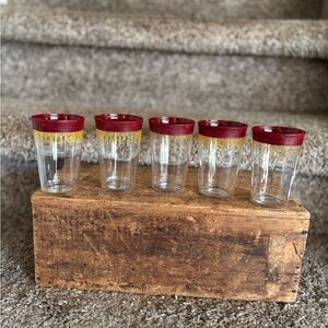 Set of 5 Vintage Glass Tumblers with Red and Gold Trim